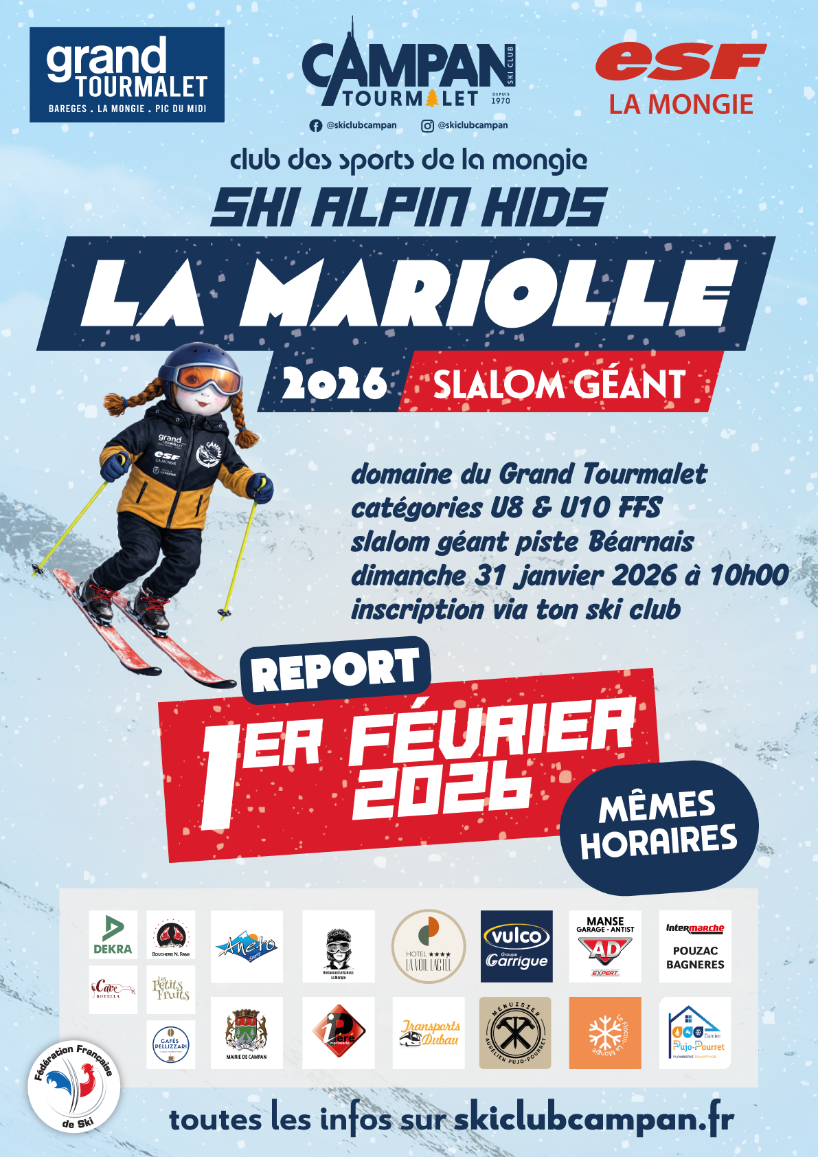 Ski Alpin Kids La Mariolle 2026, Slalom Géant pour les U8 et U10 sur le domaine du Grand Tourmalet, le 31 janvier 2026